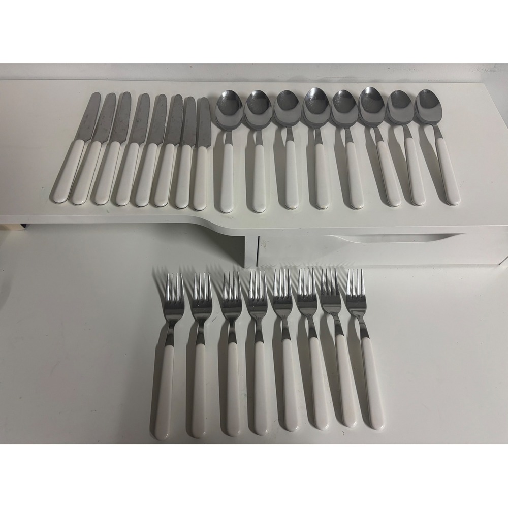 24pc White Handle Flatware Set Stainless Steel Modern Minimalist Kitchen Decor